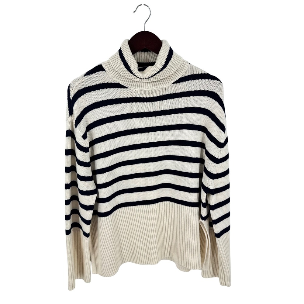 Gap 100% Cotton Turtleneck Cream Navy‎ Striped Nautical Coastal Preppy Size XS